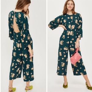 TopShop Green Floral Print Jumpsuit Keyhole Back